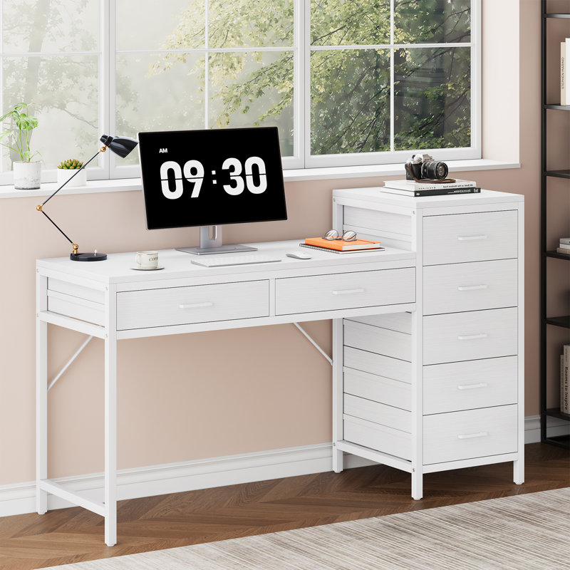 Bureau d'ordinateur 55,12 po réversible avec tiroirs, table de maquillage, Blanc