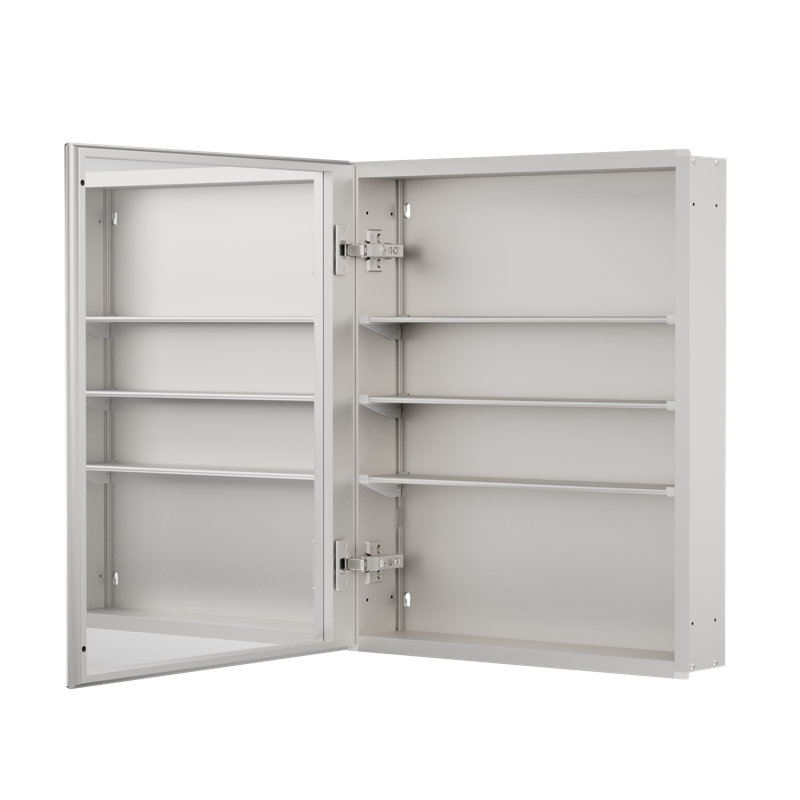 Armoire à pharmacie encastrée ou à fixation en surface sans cadre avec porte à miroir double face et tablettes réglables