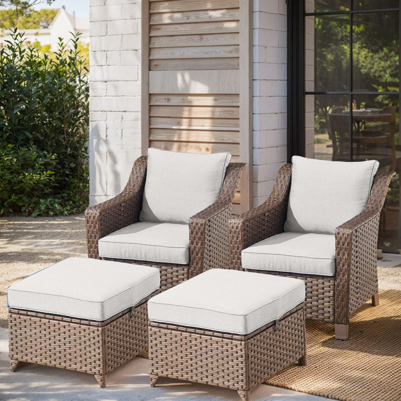 Jenesys Outdoor Wicker Club Chairs & Ottomans Set - Weather-Resistant, Beige