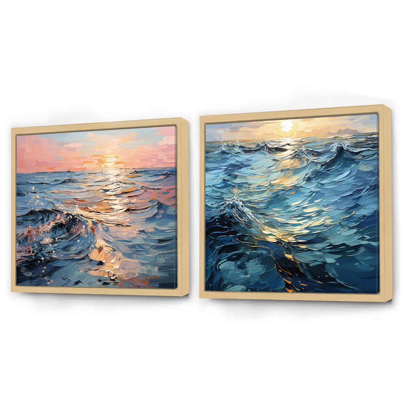 Sunset Tranquil Ripples - Sunset Collage, H 16 po x l 33 po, Cadre flottant brun