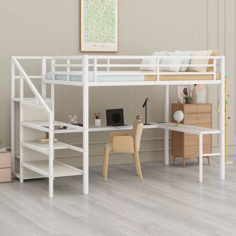 Lit mezzanine avec bureau en L et port USB, garde-robe, tablette et DEL, Blanc / beige