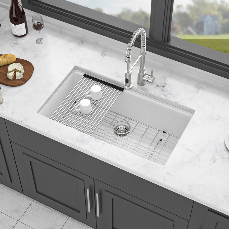 Quartz Kitchen Sink - 32" X 19" X 9.65" White Granite Composite Workstation Undermount Kitchen Sink