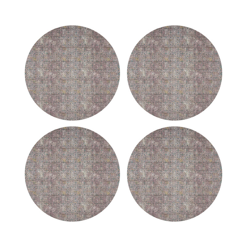 Iznik Gold Purple Vegan Leather Round Coasters, Green Pink