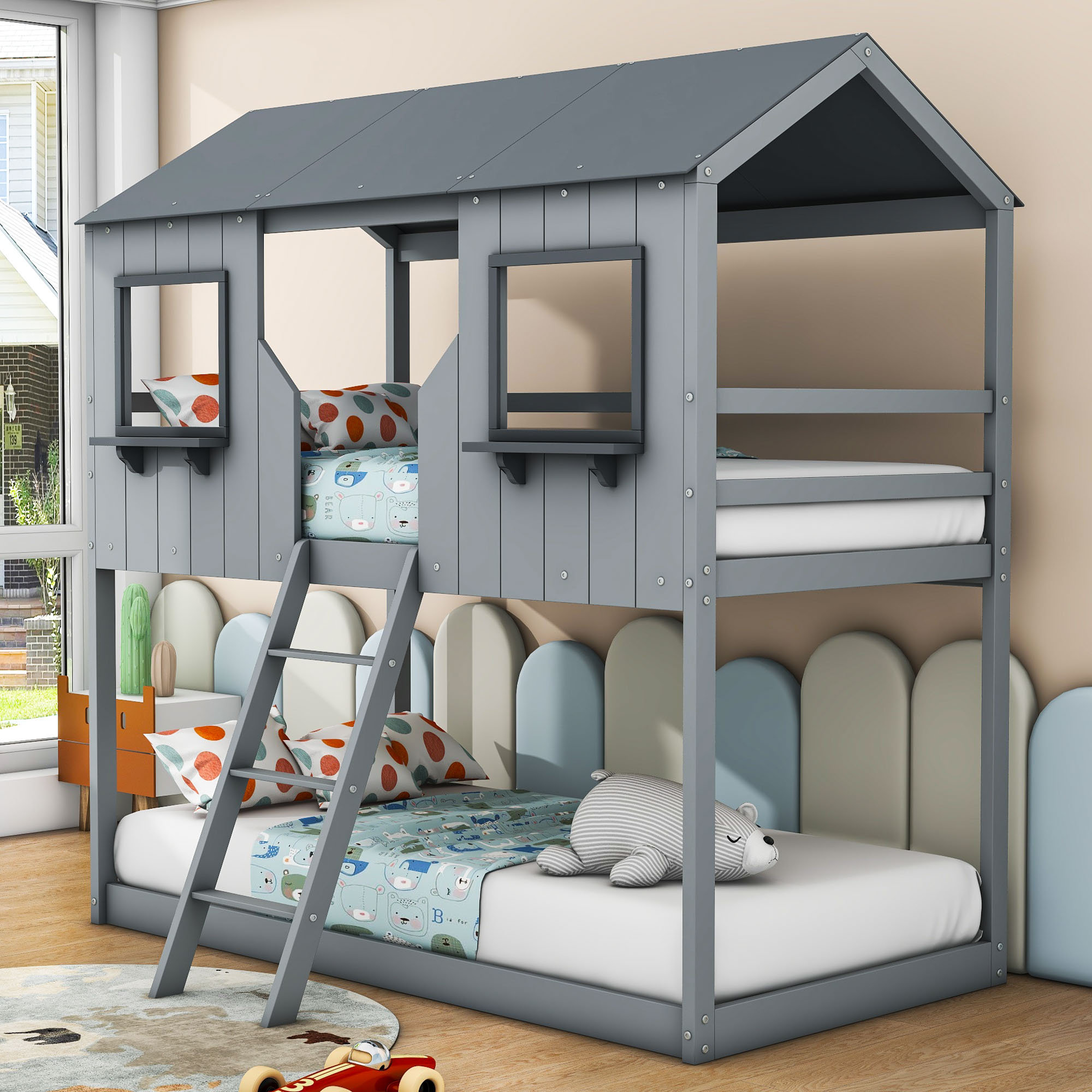 YUNMA Twin-Over-Twin Wood House Bunk Bed With Roof And Windows