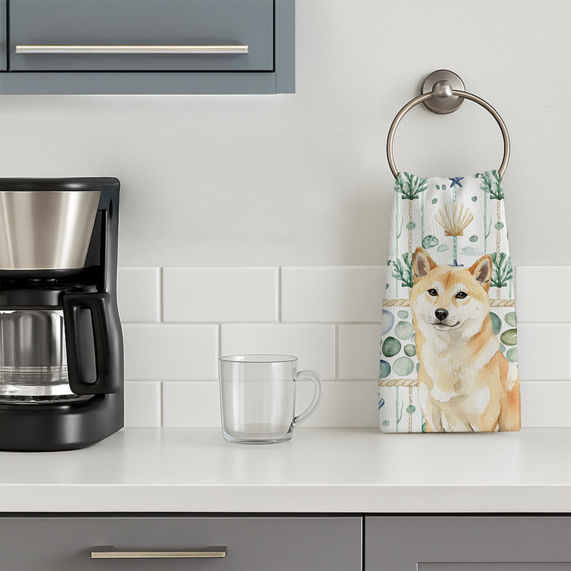 Cream Shiba Inu Coastal Sea Glass Kitchen Towel, Cream Shiba Inu