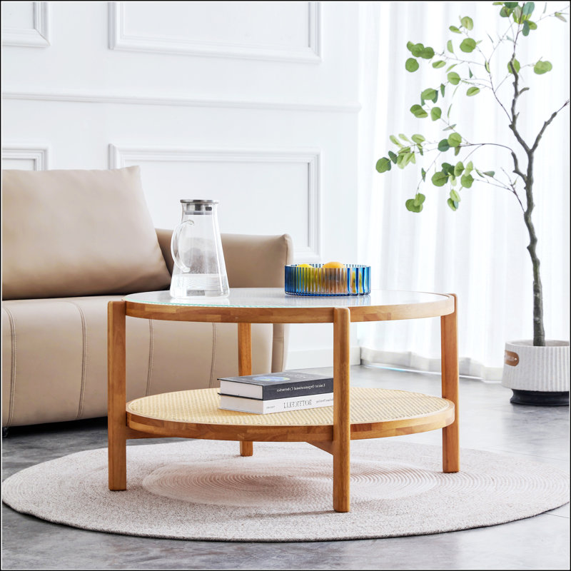 Modern Simple Circular Double-Layer Solid Wood Tea Table, Natural