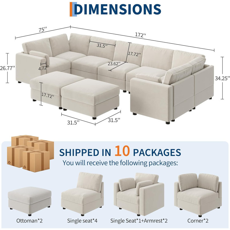 Canapé modulaire surdimensionné surdimensionné, canapé modulaire 9 places, canapé en U de 172 po avec repose-pieds mobile, canapé modulaire convertible pour salon et bureau, beige chenille