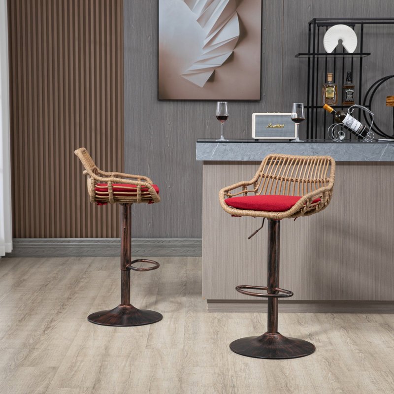 Modern Swivel Bar Stools Set Of 2 Adjustable Counter Height Chairs With Footrest For Kitchen, Dining Room (Red)
