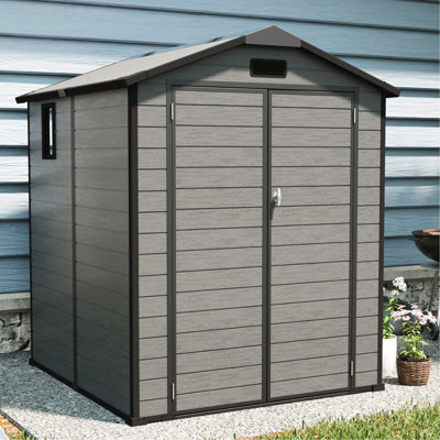 Remise de rangement verrouillable pour l'extérieur en résine de 6 pi x 6 pi en gris foncé - convient pour ranger les tondeuses à gazon, les vélos et les outils de jardin, l'espace vertical à plafond haut, les panneaux renforcés en métal et la protection de l'eau, sur le côté
