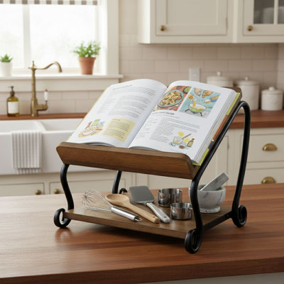 Deluxe Solid Wood Cookbook Display Rack with Shelf