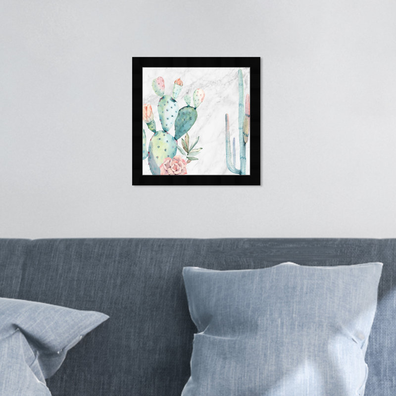 Marbre cactus et plantes grasses vertes botaniques - cadre photo, Papier avec cadre noir, H 14 po x l 14 po