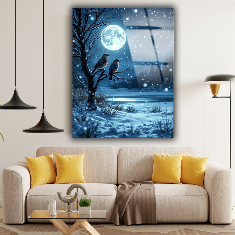 «Winter Snowy Bird Landscape - Winter Forest», art mural en verre trempé, H 12 po x l 8 po