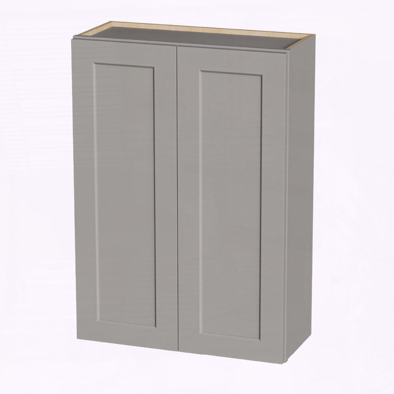 Armoire murale en bois massif gris Shaker avec portes à fermeture en douceur et tablettes réglables - Rangement à double porte pour cuisine, salle de bain et buanderie