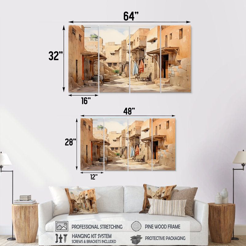 «Urban Village Sands Of égypt III», art mural 4 pièces Égypte, H 28 po x l 48 po