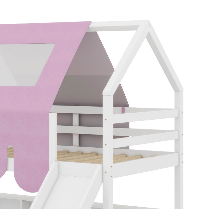 Cadre de lit mezzanine en bois avec tente, Lit simple, Blanc / Rose