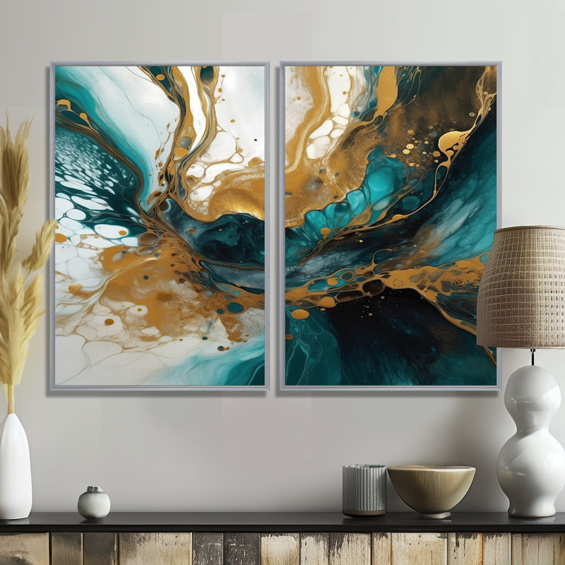 Turquoise et or sculptant l'espace - art mural moderne jaune 2 pièces, 36'' H x 48'' W, Impression encadrée flottante, Silver