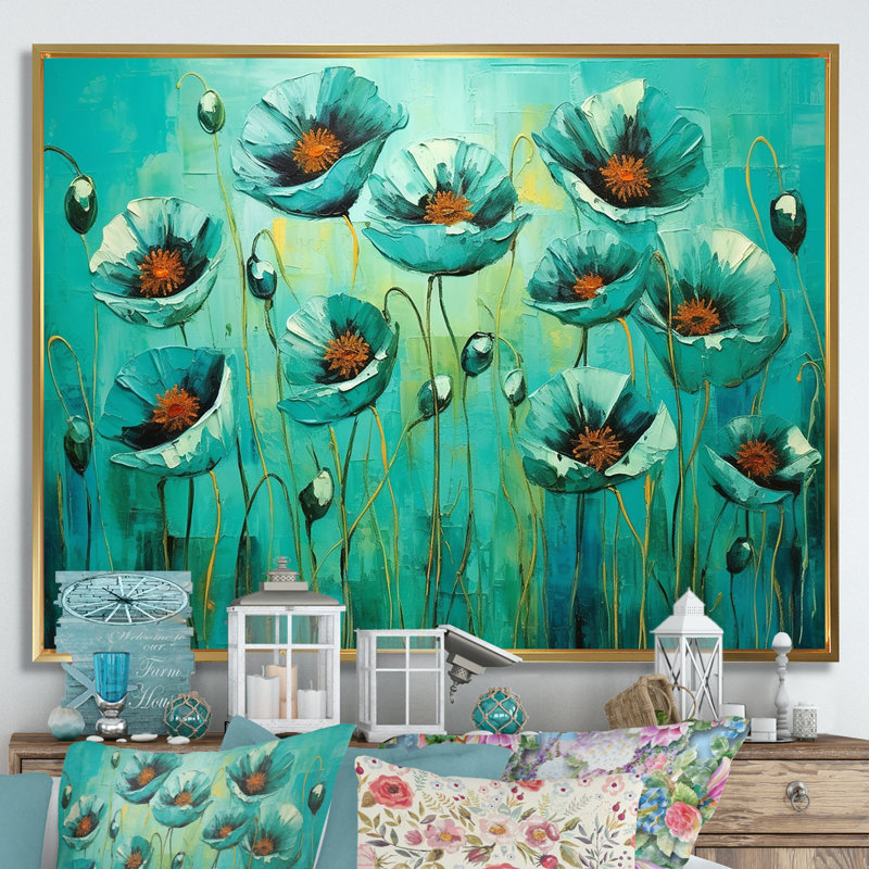 Emerald Elegance Poppies In The Breeze I, H 12 po x l 20 po x P 1 po, Cadre flottant doré