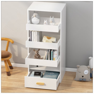 4-Tier Freestanding Bookshelf with 3 Sliding Drawers and 1 Bottom Drawer