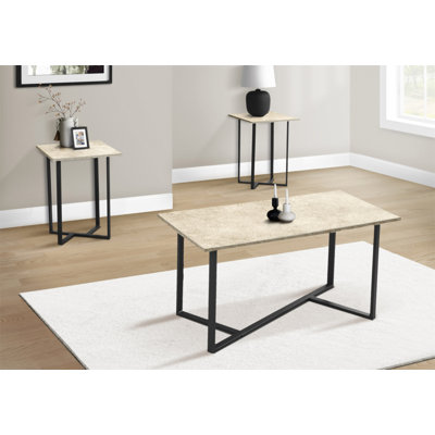 Table Set, 3Pcs Set, Coffee, End, Living Room, Cream Stone Laminate Metal, Contemporary, Modern