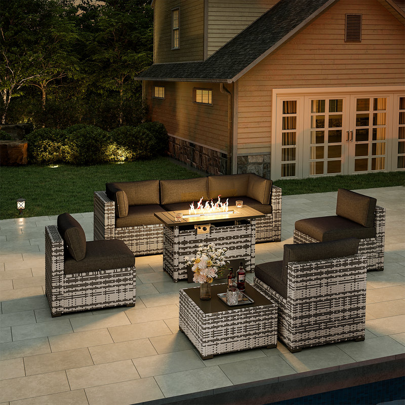 Ensemble de meubles de patio 8 pièces avec foyer au gaz propane, Noir, Gris