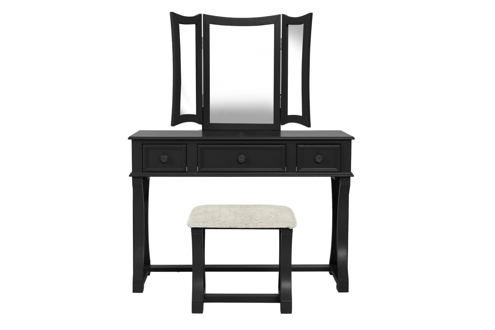 Classic Vanity Set w Stool Silver Color Drawers Open-up Mirror Bedroom Furniture Unique Legs Cushion Seat Stool Vanity