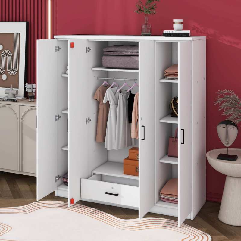 Armoire penderie 4 portes avec un tiroir et une tringle, Blanc