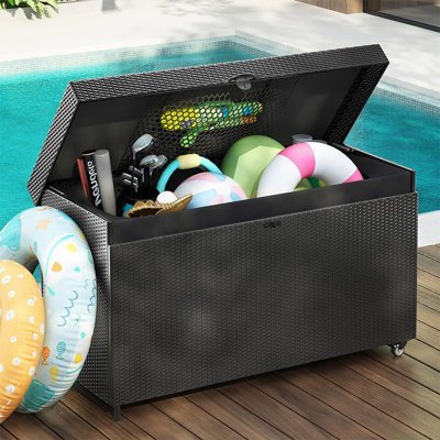 200 Gallon Large Lockable Wicker Deck Box With Wheels, Waterproof Outdoor Storage Box, Rattan Storage Bin For Patio Furniture, Outdoor Cushions, Pool Storage And Garden Tools (Black)