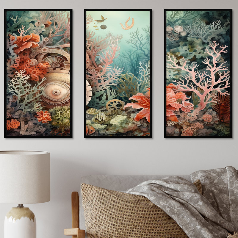 «Coral Pirate Wheel Memory», ensemble d'impression d'art mural corail sous l'eau, Cadre flottant noir