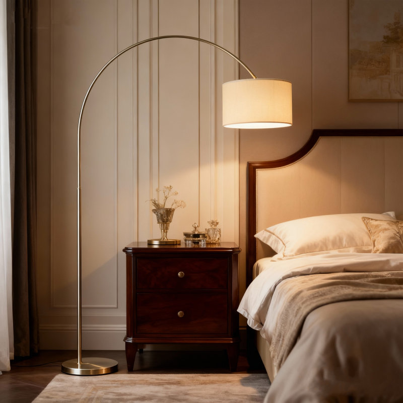 Lampe sur pied moderne minimaliste, abat-jour en tissu et base en métal argenté.