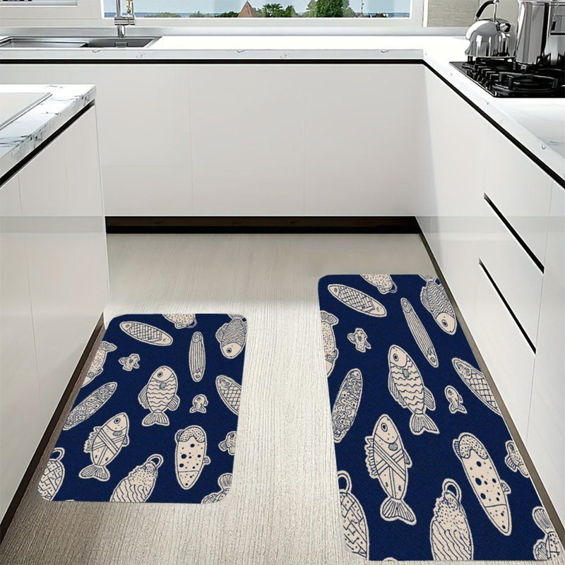Tapis de cuisine antidérapant 2 pièces, Imprimé animal bleu marine / blanc