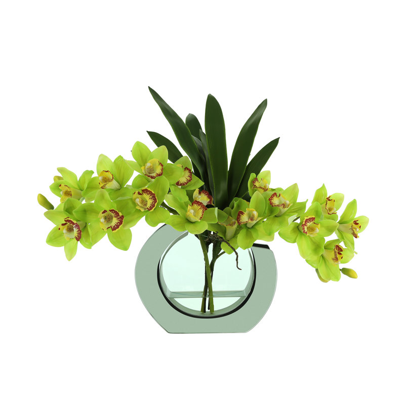 Modern Orchid Arrangement in Mirrored Glass Vase, Green