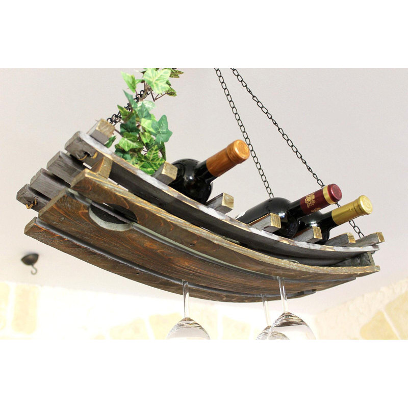 Crissman 6 Bottle Hanging Wine Bottle & Glass Rack Brown