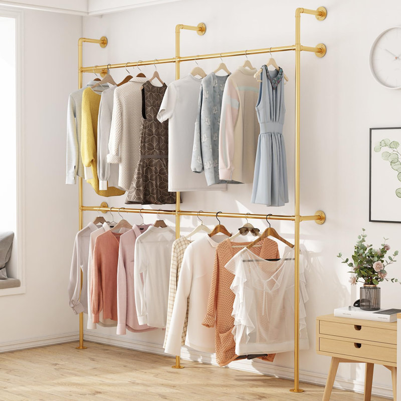 Industrial Pipe Clothing Rack Heavy Duty Metal Garment Rack With Double Hanging Rods Wall Mounted Space Saving Clothes Display Rack