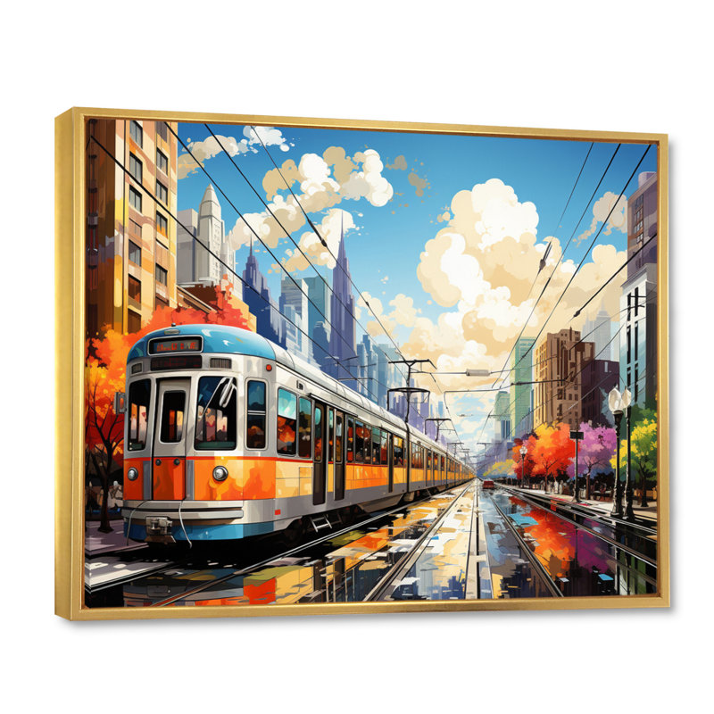 «City Cleveland Popart», reproduction sur toile, Cadre flottant doré, H 16 po x l 32 po x P 1 po