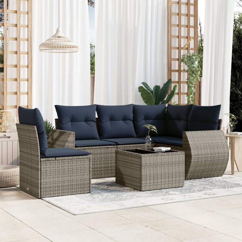  Ensemble de canapé de patio 6 pièces avec coussins en rotin de polyester gris