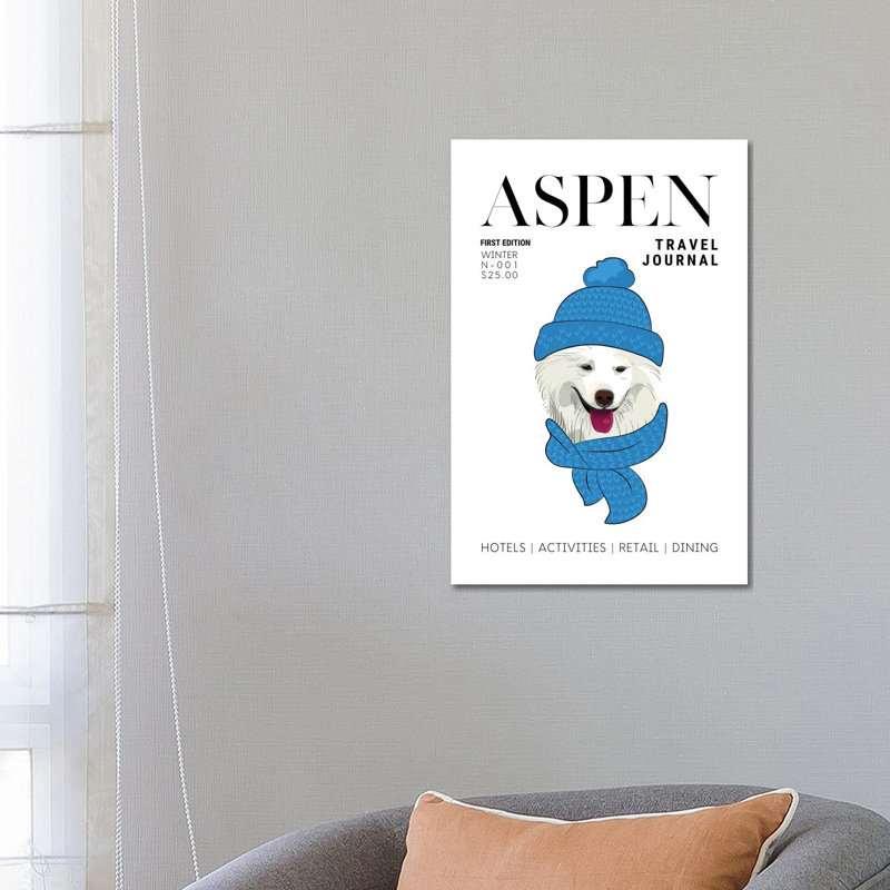 Aspen Travel Journal Magazine Cover With Winter Dog In Scarf by Design Harvest - Wrapped Canvas Print