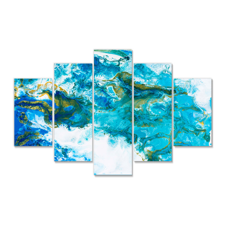DesignArt Blue And White Liquid Art Waves VI On Canvas 5 Pieces ...