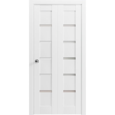 Sliding Closet Bi-fold Doors 56 x 80 in (2x 28x80) Quadro 4117 White Silk with Frosted Glass Sturdy Tracks Moldings Trims Hardware Set Wood Solid Bedroom Wardrobe Doors