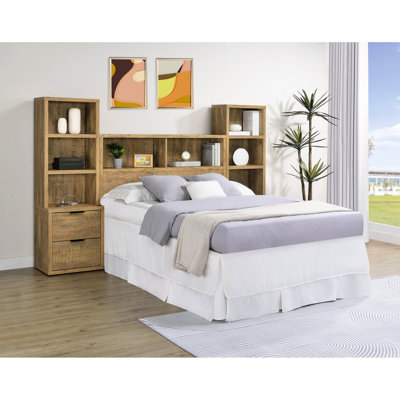 Mango chambre à coucher complète de 3 pièces, tête de lit bibliothèque et tables de chevet, étagères ouvertes, bois d'ingénierie Scratch, tiroirs supérieurs verrouillables, charge, pièces de décoration contemporaine avec tête de lit, tables de chevet