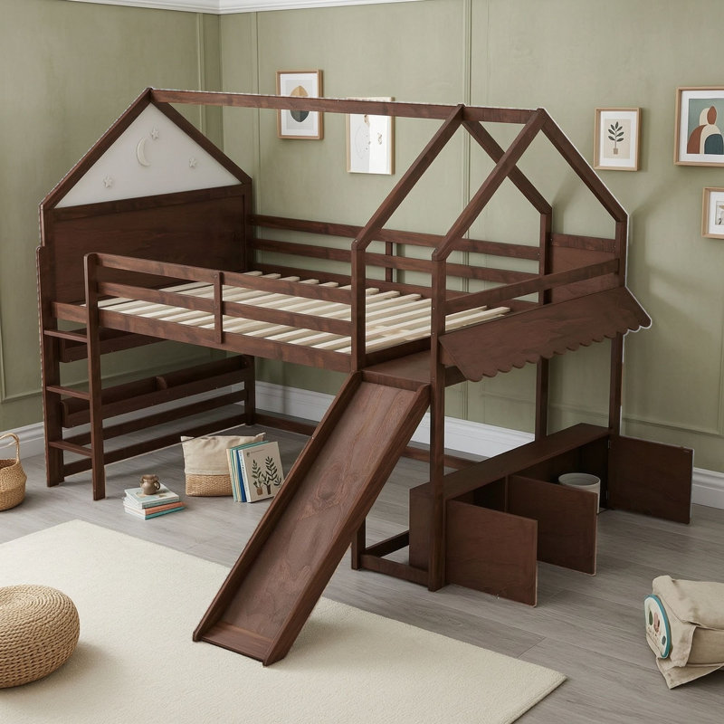 Lit mezzanine avec glissade et rangement, échelle, Lit double, Noyer