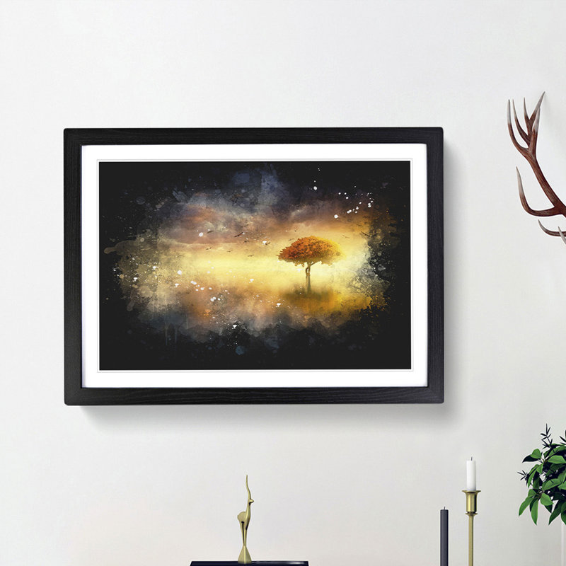 Flying Birds over a Lone Tree - Picture Frame Graphic Art Print, 62cm H x 87cm W x 2cm D, Black Framed