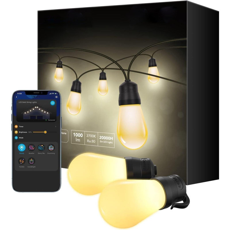 Outdoor String Lights, 48ft Smart Outdoor String Lights with 15 Dimmable Warm White LED Bulbs