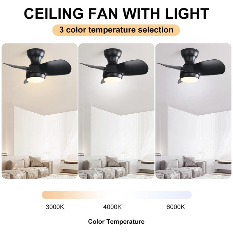 Ventilateur de plafond de chambre à coucher de 23 pouces avec 3 pales en ABS et moteur à courant continu à télécommande noir avec lumière DEL de 18 W