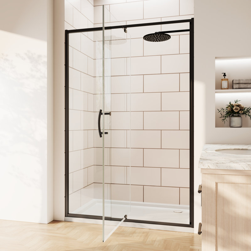 Porte de douche pivotante à demi-cadre avec verre trempé transparent de 44 po à l 48 po x H 71 po, Noir mat