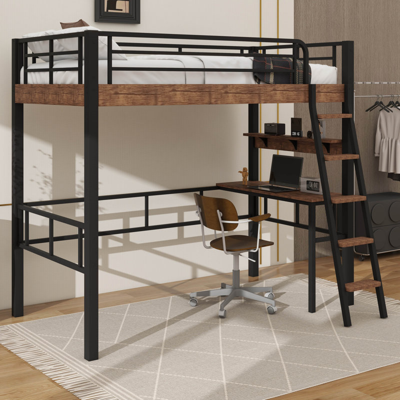 Lit mezzanine en métal avec bureau intégré, Lit simple