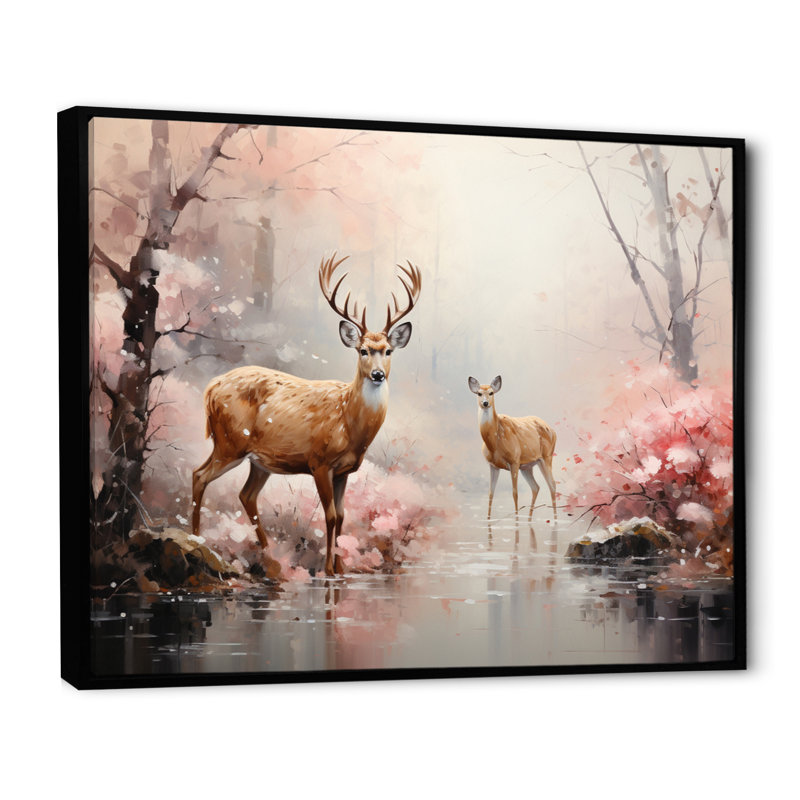 «Pink Deer Gentle Wilderness I», reproduction d'art sur toile, H 12 po x l 20 po x P 1 po, Cadre flottant noir