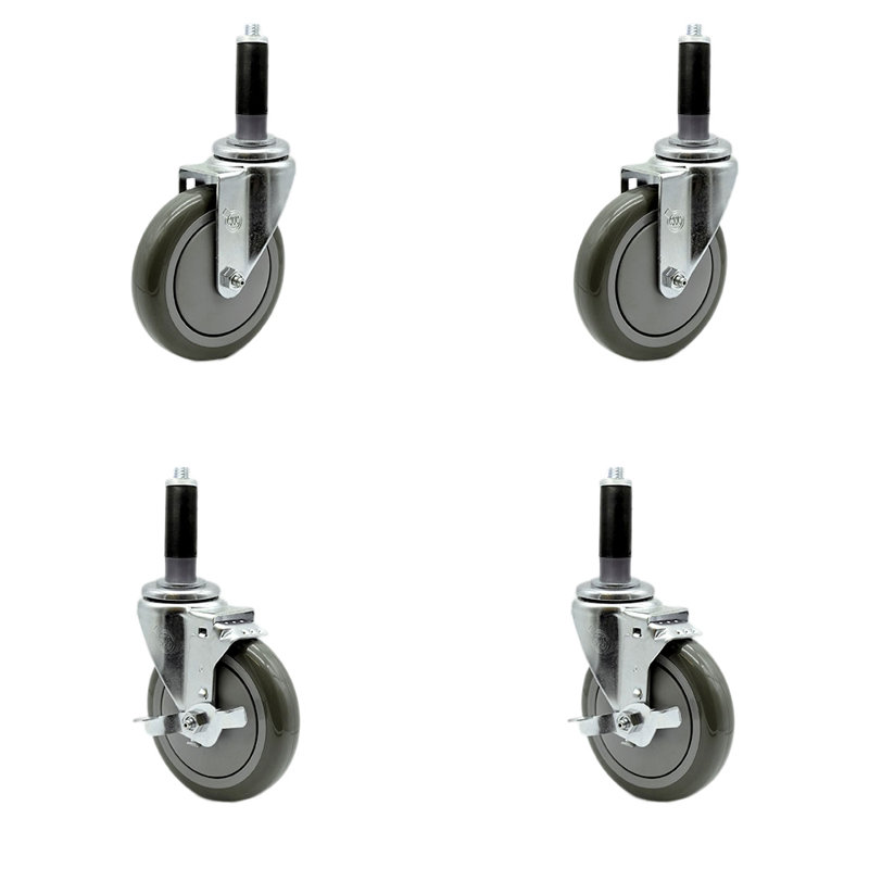 5 Inch Polyurethane Swivel 7/8 Inch Expanding Stem Caster Set 2 Brake SCC
