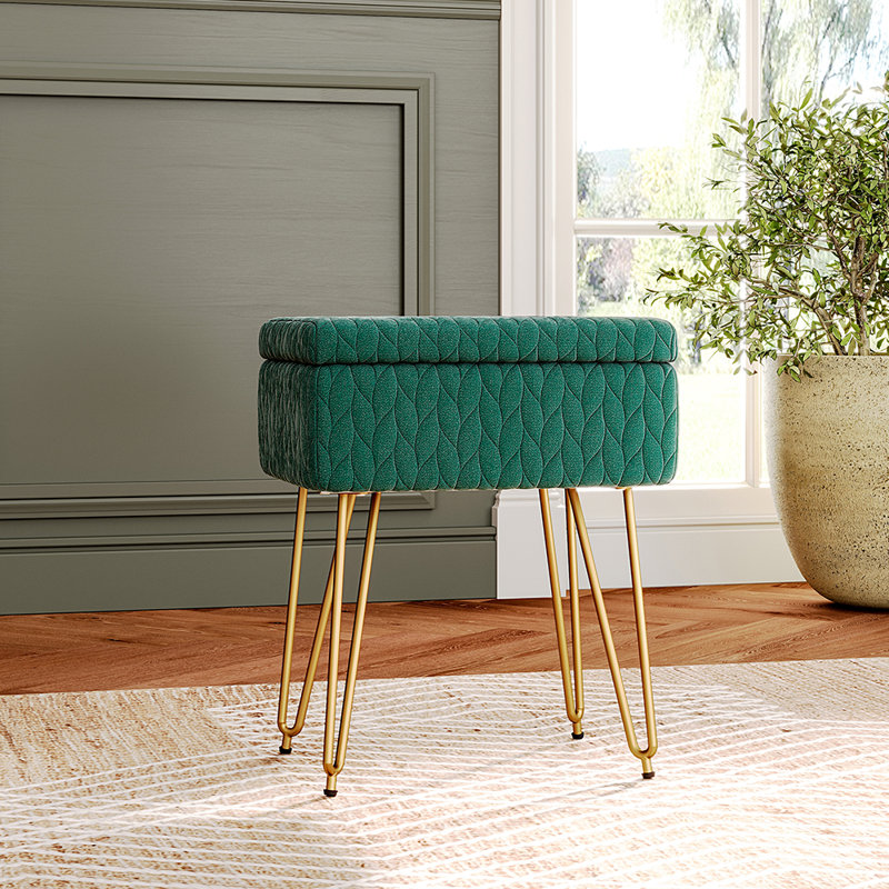 Anabella 48cm Rectangle Upholstered Storage Ottoman Vanity Stool, Dark Green