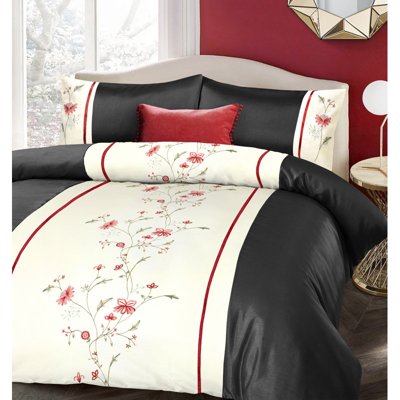Anahla Polycotton Floral Bedding with Pillowcases, Double Duvet Color + 2 Pillowcases, Black/Cream