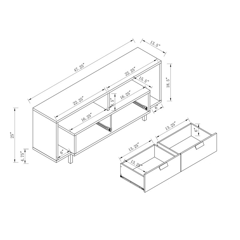 Meuble télé blanc moderne avec 2 tablettes et tiroirs, pouvant supporter jusqu'à 100 lb, pour écrans de 40 à 49 po, panneau de particules fabriqué en forme de Sustain, s'adapte